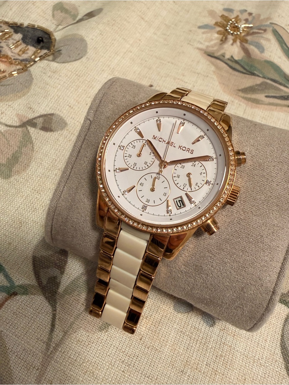 Michael Kors Rose Gold and Ivory Ceramic Accent Chronograph Watch